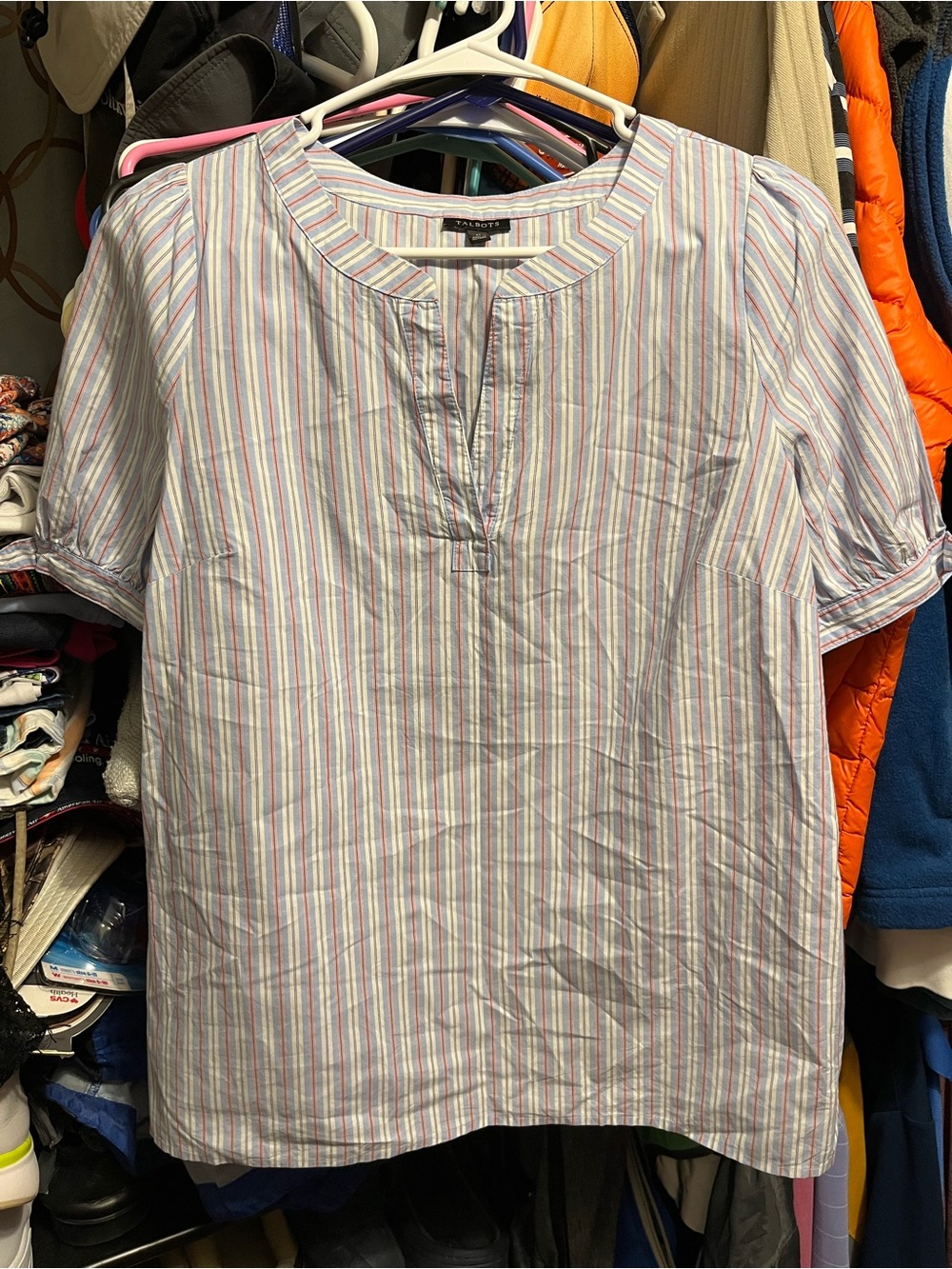 Talbots White Blouse with Pastel Multi-Stripes